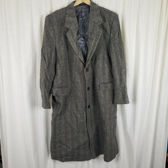 Vintage Black & White Herringbone Tweed Wool Peacoat Mens L Over Top Coat - Picture 1 of 6